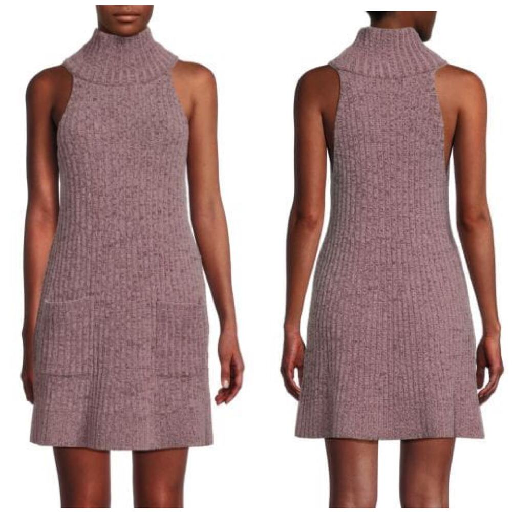 Free People NWT Claude Mini Dress Brandy Wine Combo Size L Rib Knit Turtleneck